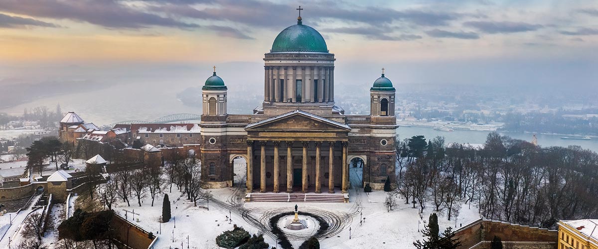 An aerial view over the Basilica of Esztergom during winter, Hungary